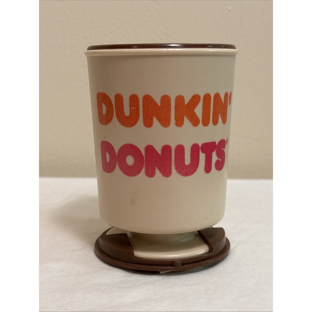 Vintage Dunkin Donuts Plastic Travel Mug Cup Advertisement Brown With Lid Base